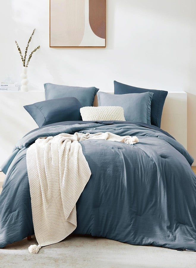 WRENSONGE Full Size Comforter Sets, 7 Pieces Oxford Blue Bed in a Bag with Fitted Sheet, Flat Sheet, 2 Pillow Shams, 2 Pillowcases, Warm Bedding Sets for All Season - Image 1