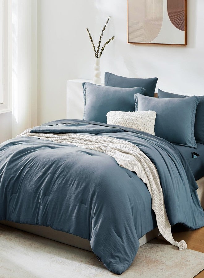 WRENSONGE Full Size Comforter Sets, 7 Pieces Oxford Blue Bed in a Bag with Fitted Sheet, Flat Sheet, 2 Pillow Shams, 2 Pillowcases, Warm Bedding Sets for All Season - Image 2