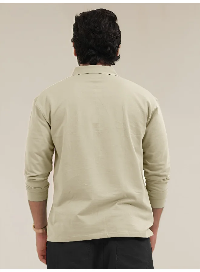 Maniac Mens Solid Oversized Polo Neck 2 Pocket Full Sleeve Beige Cotton T-Shirt