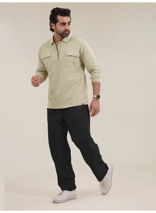 Maniac Mens Solid Oversized Polo Neck 2 Pocket Full Sleeve Beige Cotton T-Shirt