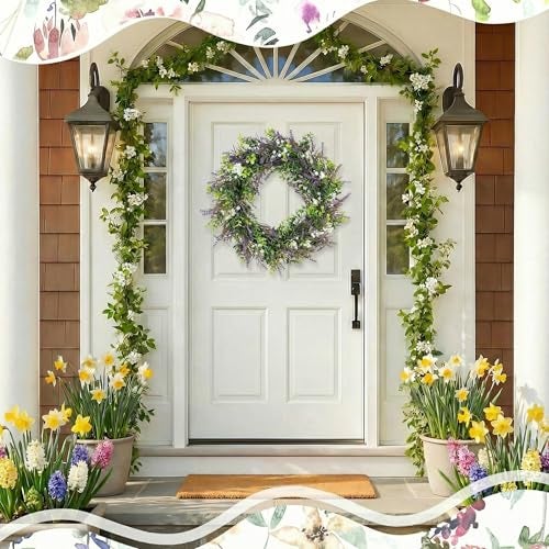 Culudea Lavender Wreaths for Front Door Decor, 20" Artificial Babysbreath Boxwood Wreath Decorations for Spring Summer Home Door Window Outside Wall Indoor Outdoor Porch and Birthday Wedding Party - Image 3