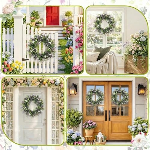 Culudea Lavender Wreaths for Front Door Decor, 20" Artificial Babysbreath Boxwood Wreath Decorations for Spring Summer Home Door Window Outside Wall Indoor Outdoor Porch and Birthday Wedding Party - Image 5