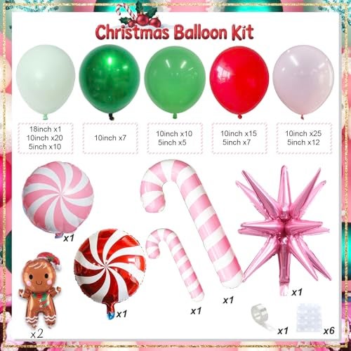 Froova Christmas Balloon Garland Arch Kit 119Pcs Pink Green Red Xmas Balloon with Gingerbread Candy Cane Star Foil Balloons for Christmas Baby Shower Winter Holiday Birthday Party Decorations - Image 5