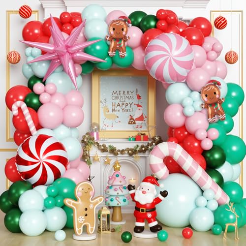 Froova Christmas Balloon Garland Arch Kit 119Pcs Pink Green Red Xmas Balloon with Gingerbread Candy Cane Star Foil Balloons for Christmas Baby Shower Winter Holiday Birthday Party Decorations - Image 1