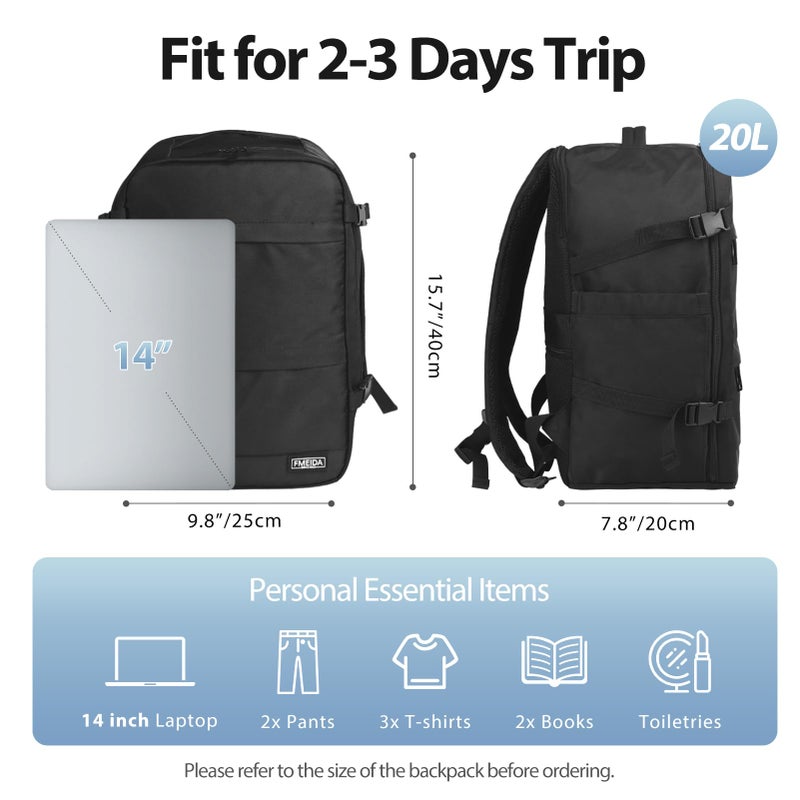 Fmeida Flight Approved Carry On Backpack for Ryanair Fits 14" Laptop - 20L Underseat Airplane Approved Weekender Bag, Anti-Theft Travel Backpack, Personal Item Bag Black - Image 3