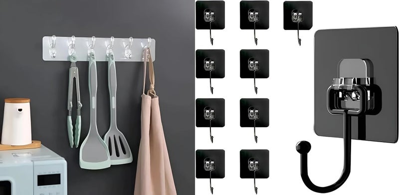 Self Adhesive HeavyDuty Plastic Wall Hooks 6in1 Organizer Pack of 2 Wall Sticker Hook Pack of 10 Black Color 3Layer Material HeavyDuty Adhesive Hooks