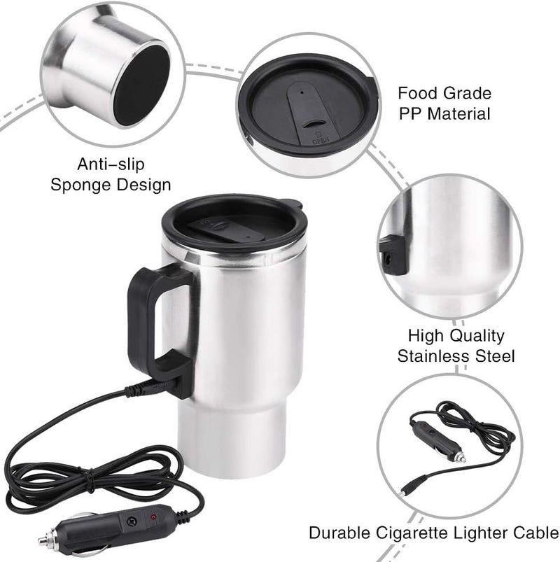 Keenso 12V Electric Car Cup Travel Heating Cup, 450ml Stainless Steel Car Electric Kettle Car Coffee Mug Heater with Cigarette Lighter - Image 5