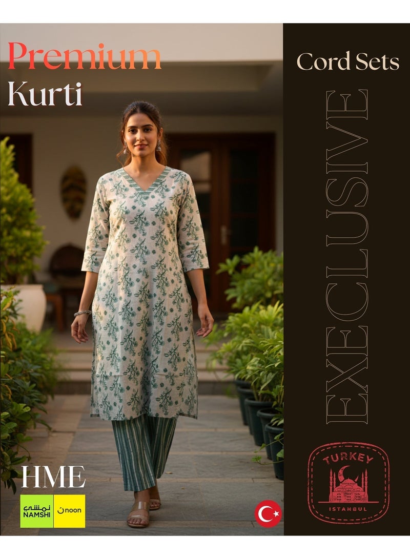 H M E LADIES KURTI SET Premium Istanbul Chic Cotton Mix Kurti Set with Mirror Work And Premium Printing Chic V-Neck with Neck - Image 1