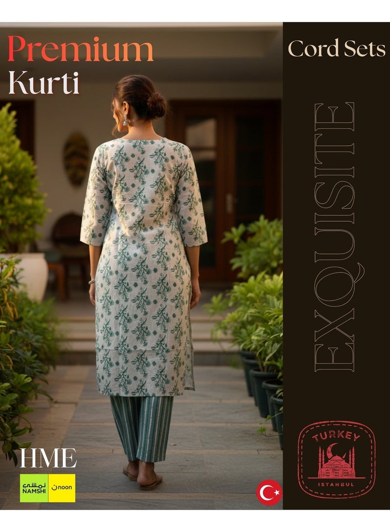 H M E LADIES KURTI SET Premium Istanbul Chic Cotton Mix Kurti Set with Mirror Work And Premium Printing Chic V-Neck with Neck - Image 3
