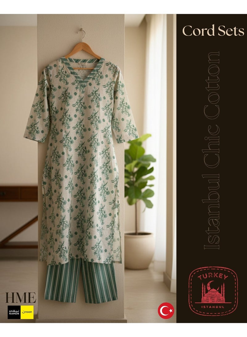 H M E LADIES KURTI SET Premium Istanbul Chic Cotton Mix Kurti Set with Mirror Work And Premium Printing Chic V-Neck with Neck - Image 2