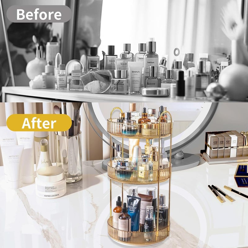 Asayuee 360 Rotating Makeup Organizer for Vanity,3 Tier Large Capacity Vanity Storage,Skincare Perfume Spinning Organizer,Bathroom Cosmetics Storage Makeup Stand Organizer (Gold-3 Tier) - Image 4