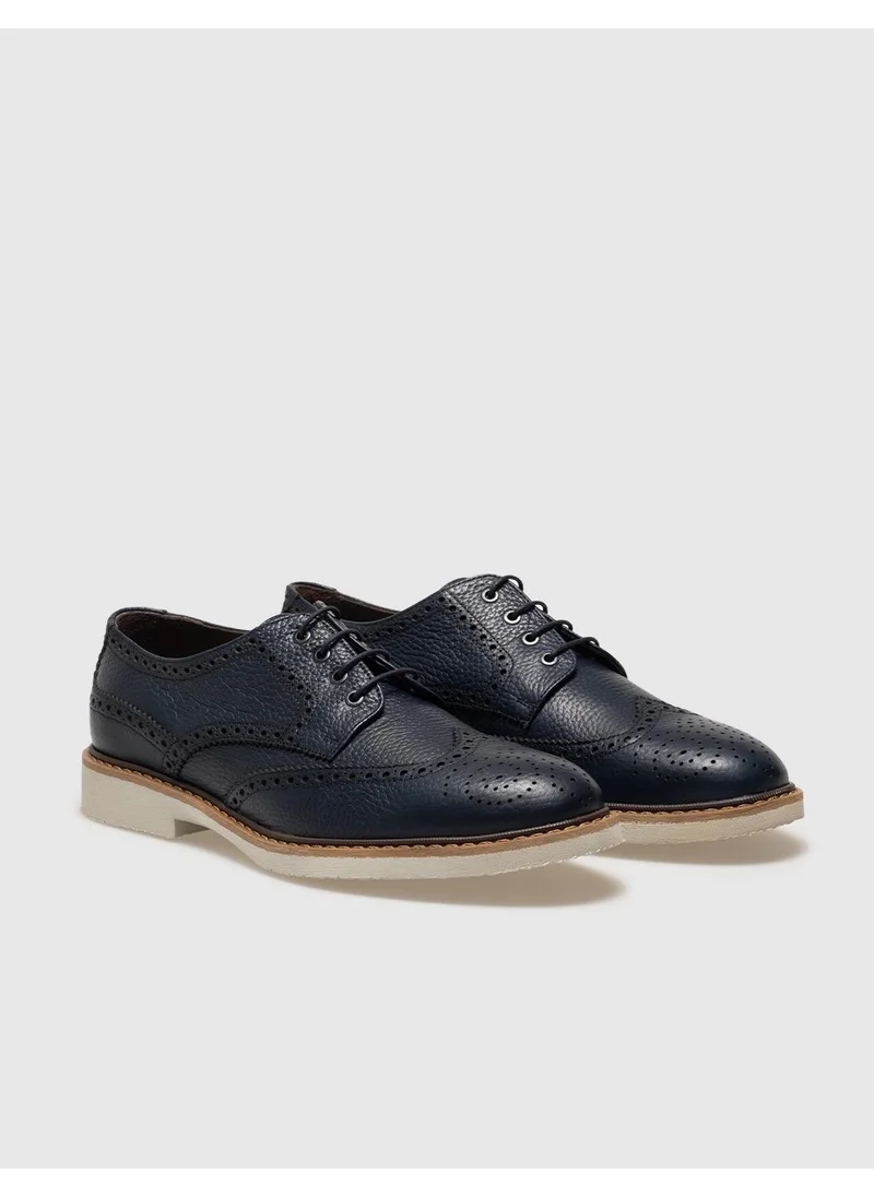 Cabani Genuine Leather Navy Blue Lace-Up Men's Casual Shoes