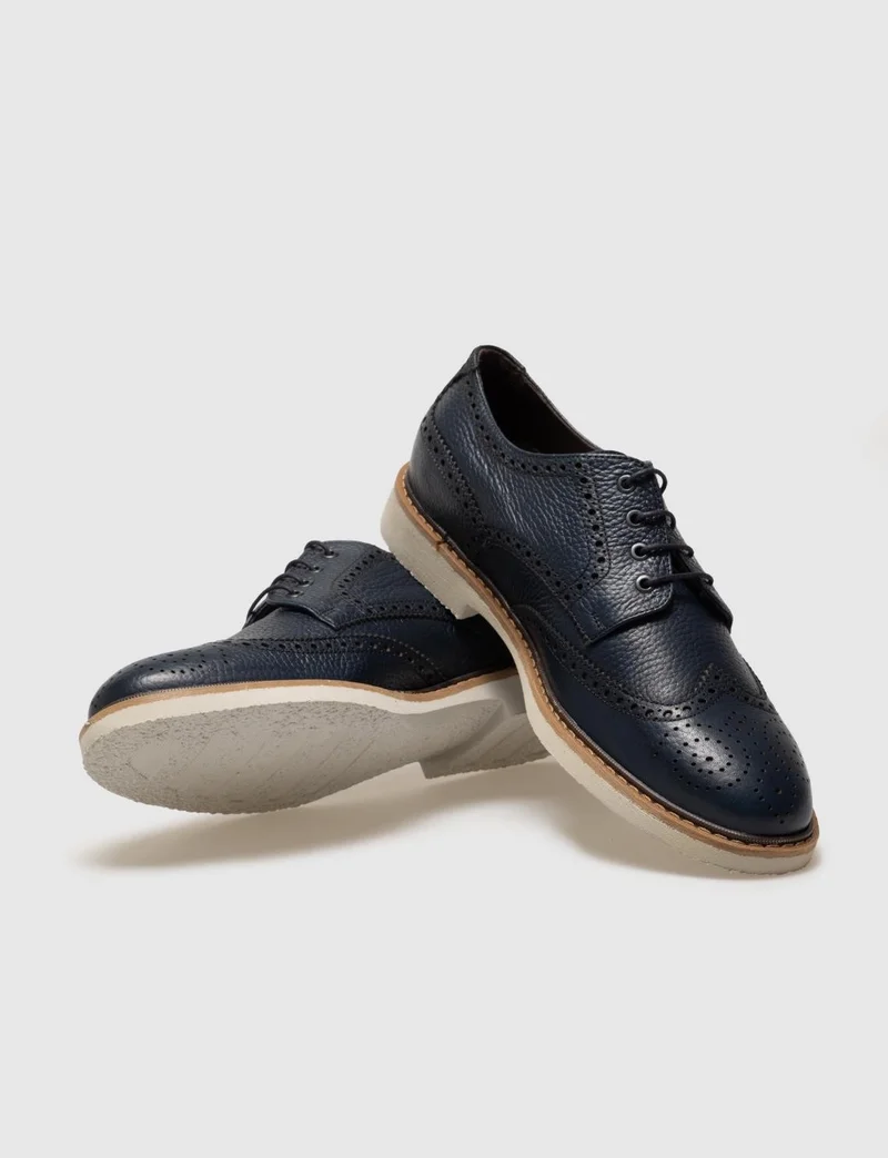 Cabani Genuine Leather Navy Blue Lace-Up Men's Casual Shoes