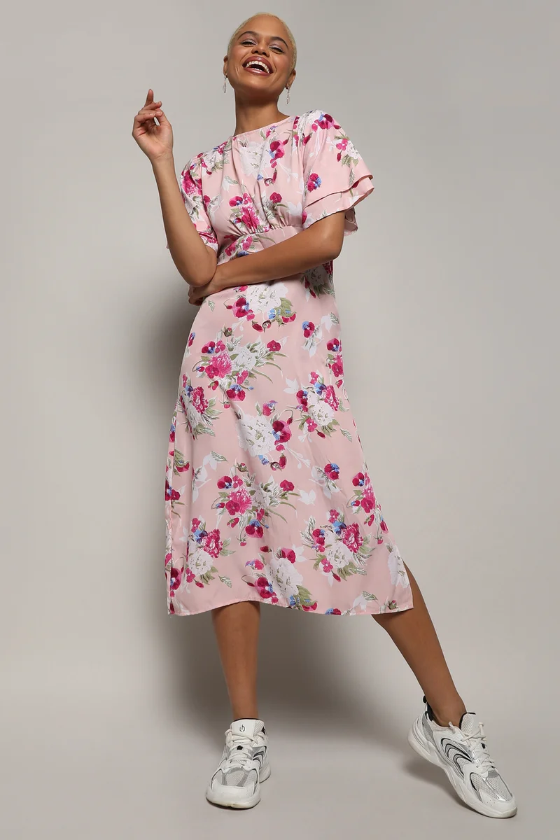 كامبوس سوترا Women's Baby Pink Flora Dress With Slit
