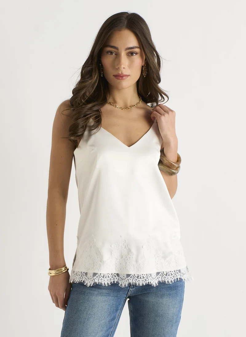 Gini London White Satin Lace Trim Cami Top