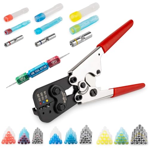 JRready ST2170 AS81824 Heat Shrinkable Crimp Splice Set with ACT232 Crimp Tool M22520371 Equivalent G411 GoNo Go Gauge 12 16 20 Butt Splice Connectors Includes PVDFPE Heat Shrink Tubes - Image 1