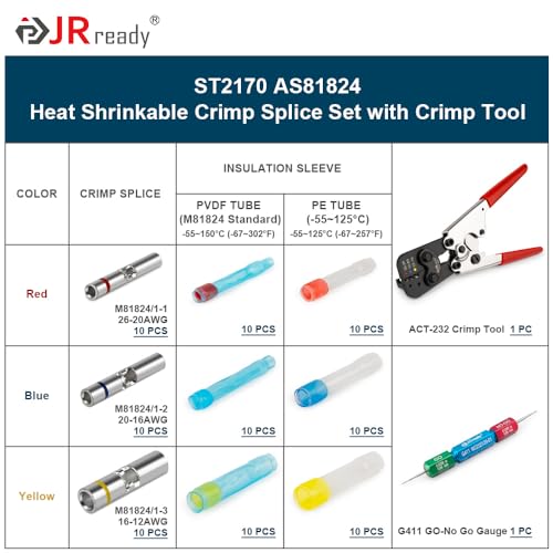 JRready ST2170 AS81824 Heat Shrinkable Crimp Splice Set with ACT232 Crimp Tool M22520371 Equivalent G411 GoNo Go Gauge 12 16 20 Butt Splice Connectors Includes PVDFPE Heat Shrink Tubes - Image 3