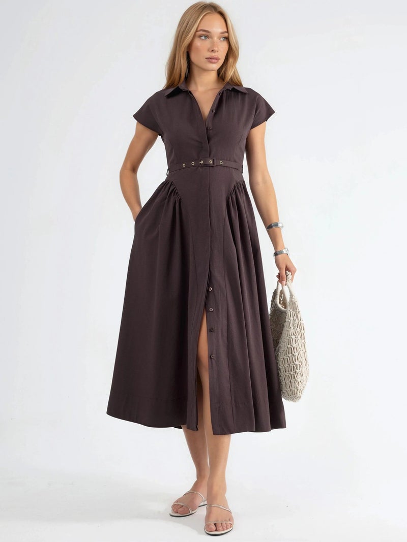 BUSEM Belted Midi Dress with Shirt Collar - Image 1