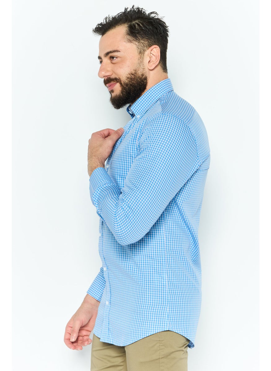 Tailorbyrd Men Regular Fit Micro Checkered Long Sleeves Casual Shirt, Blue  - Image 3