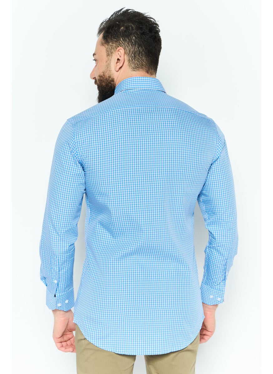Tailorbyrd Men Regular Fit Micro Checkered Long Sleeves Casual Shirt, Blue  - Image 2