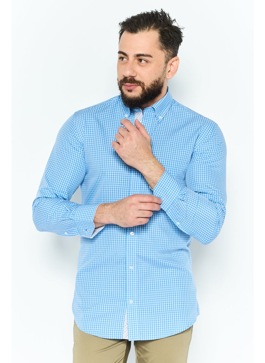 Tailorbyrd Men Regular Fit Micro Checkered Long Sleeves Casual Shirt, Blue  - Image 1