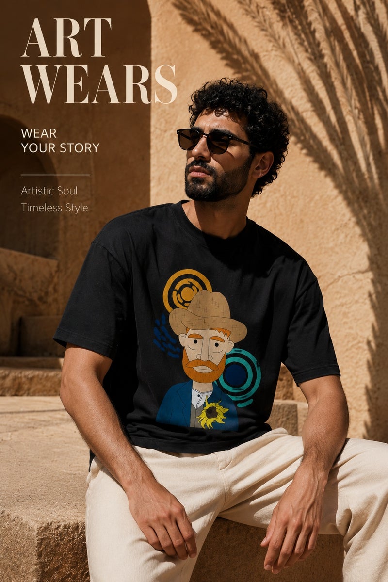 Men's Black Oversized Graphic T-Shirt Artistic Print Casual Short Sleeve Streetwear Tee - Image 4