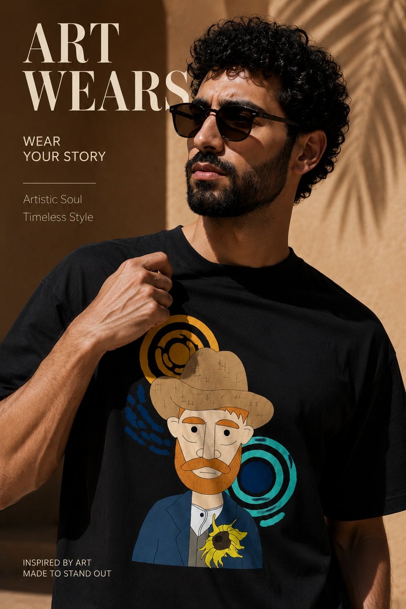 Men's Black Oversized Graphic T-Shirt Artistic Print Casual Short Sleeve Streetwear Tee - Image 1