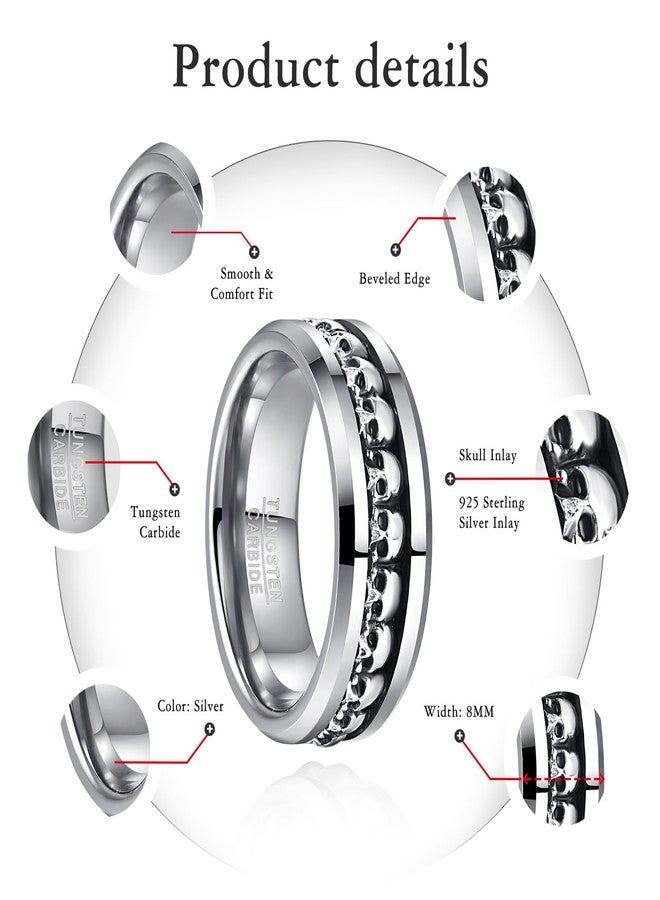 NUNCAD Wedding Rings for Men 925 Sterling Silver Skulls Inlay Tungsten Carbide Ring Polished Beveled Edge Comfort Fit Size 13 - Image 5
