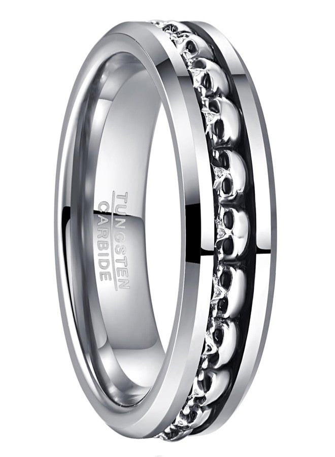 NUNCAD Wedding Rings for Men 925 Sterling Silver Skulls Inlay Tungsten Carbide Ring Polished Beveled Edge Comfort Fit Size 13 - Image 1