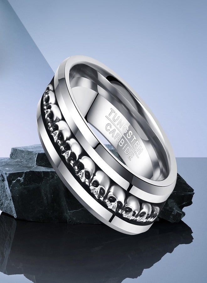 NUNCAD Wedding Rings for Men 925 Sterling Silver Skulls Inlay Tungsten Carbide Ring Polished Beveled Edge Comfort Fit Size 13 - Image 2