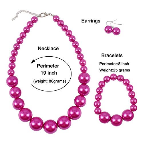 KOSMOS-LI Women's Large Big Simulated Fuchsia Pearl Statement 19" Necklace Bracelet and Earrings Jewelry Set - Image 3