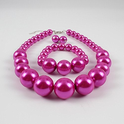 KOSMOS-LI Women's Large Big Simulated Fuchsia Pearl Statement 19" Necklace Bracelet and Earrings Jewelry Set - Image 5