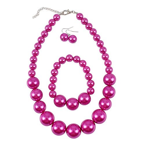 KOSMOS-LI Women's Large Big Simulated Fuchsia Pearl Statement 19" Necklace Bracelet and Earrings Jewelry Set - Image 1