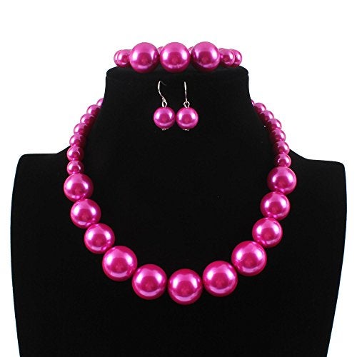 KOSMOS-LI Women's Large Big Simulated Fuchsia Pearl Statement 19" Necklace Bracelet and Earrings Jewelry Set - Image 2
