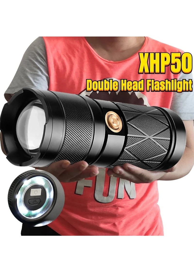 AROAQ XHP50 Flashlight, Super Bright Led Double Head Flashlight, Portable Lightweight Powerful Handheld Flashlight, Waterproof Rechargeable Zoomable Torch For Outdoor Camping  - Image 5