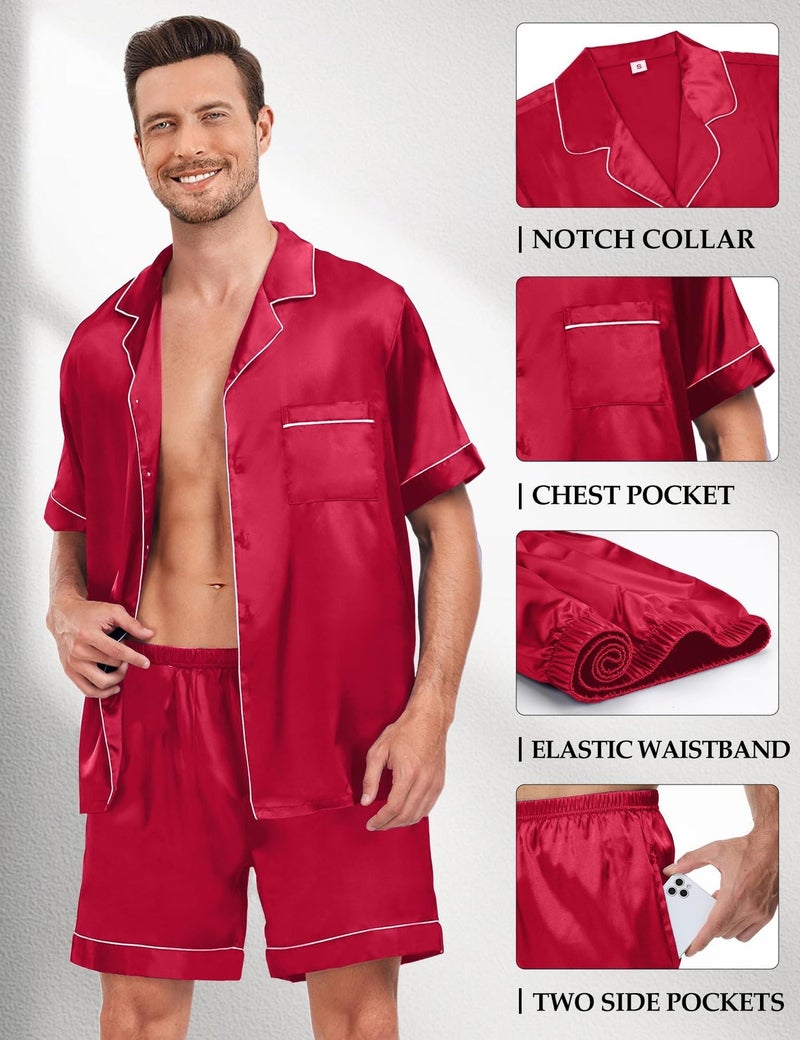 Satin Matching Pajamas Sets Couple Silk Button Down Nightwear 2 Pieces Short Sleeve Sleepwear Loungewear, Red-M - Image 4