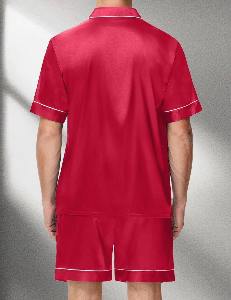 Satin Matching Pajamas Sets Couple Silk Button Down Nightwear 2 Pieces Short Sleeve Sleepwear Loungewear, Red-M - Image 3