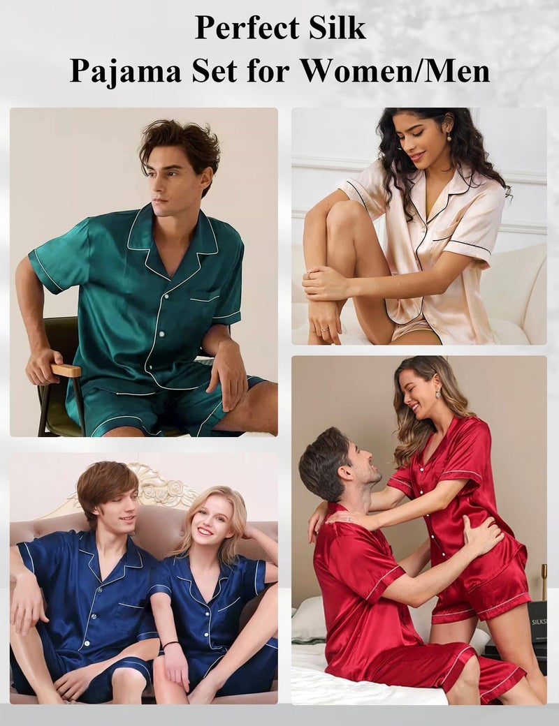 Satin Matching Pajamas Sets Couple Silk Button Down Nightwear 2 Pieces Short Sleeve Sleepwear Loungewear, Red-M - Image 5