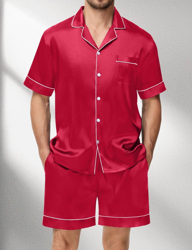 Satin Matching Pajamas Sets Couple Silk Button Down Nightwear 2 Pieces Short Sleeve Sleepwear Loungewear, Red-M - Image 2