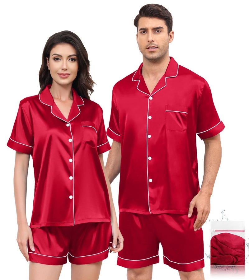 Satin Matching Pajamas Sets Couple Silk Button Down Nightwear 2 Pieces Short Sleeve Sleepwear Loungewear, Red-M - Image 1