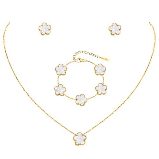 MPRAINBOW Gold Necklaces Bracelets Earring Set - 18K Gold Plated Flower Bracelet, Stainless Steel Non-Tarnish Floral Pendant Stud Jewelry Sets, Christmas Birthday Lucky Gift for Her Mom Wife Daughter Girlfriend - Image 1