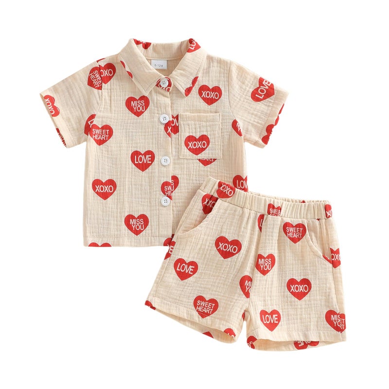LAGKIYOJ toddler boy valentines day outfit Heart Truck Print Turn Down Collar Tops Shorts Set little boy valentines outfit (Apricot Cotton Linen Heart, 2-3T) - Image 1