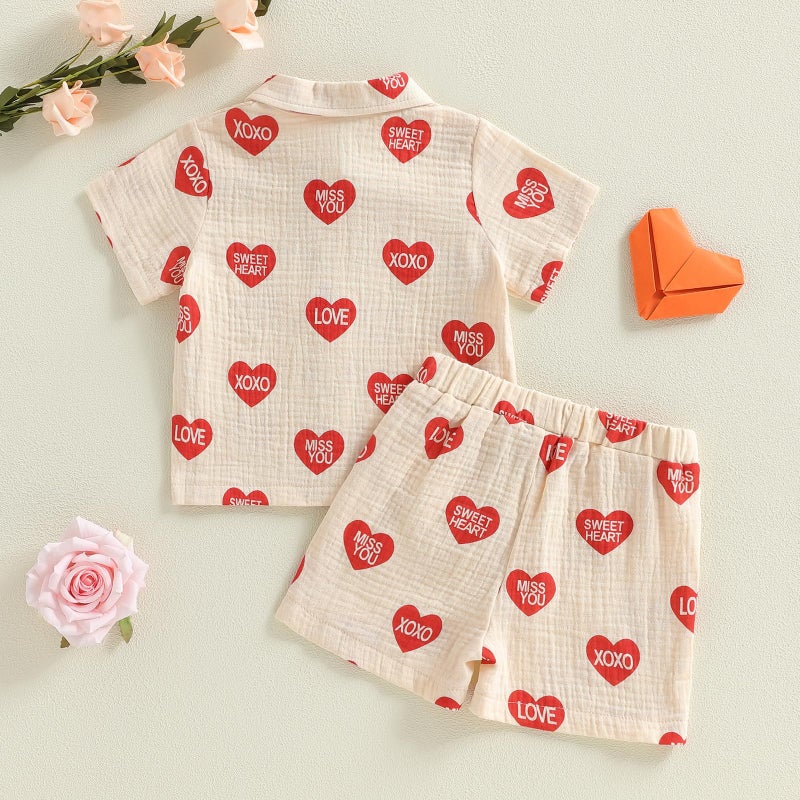 LAGKIYOJ toddler boy valentines day outfit Heart Truck Print Turn Down Collar Tops Shorts Set little boy valentines outfit (Apricot Cotton Linen Heart, 2-3T) - Image 3