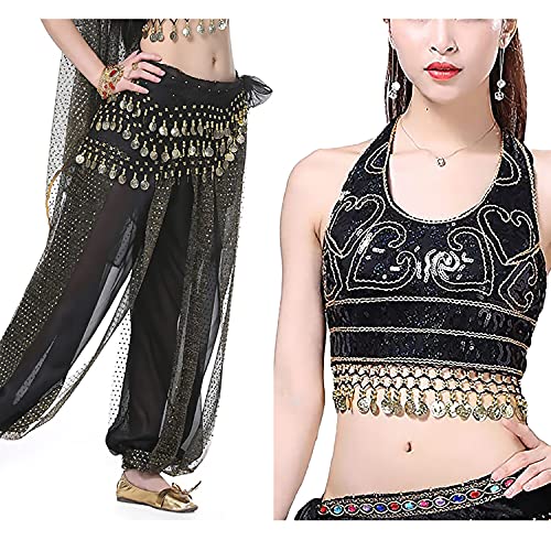 VRITRAZ Women's Chiffon Belly Dance Heart Design Chiffon Top, Harem Pants and Hip Scarf with Coins | Oriental Dance Costume Set for Stage Performance, Zumba, Halloween & Fancy Dress (Black) - Image 1