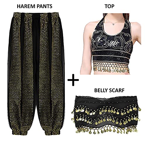 VRITRAZ Women's Chiffon Belly Dance Heart Design Chiffon Top, Harem Pants and Hip Scarf with Coins | Oriental Dance Costume Set for Stage Performance, Zumba, Halloween & Fancy Dress (Black) - Image 2
