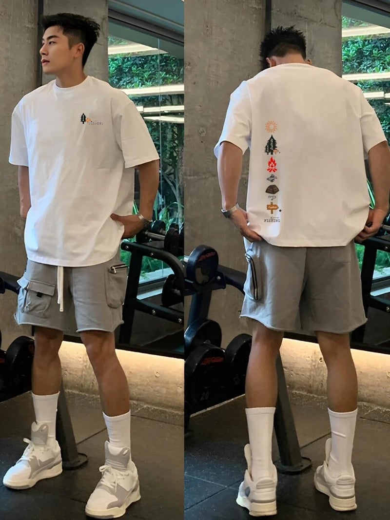 Heavyweight pure cotton "American short-sleeved T-shirt for men camping outdoor style leisure summer loose breathable versatile half-sleeved - Image 1
