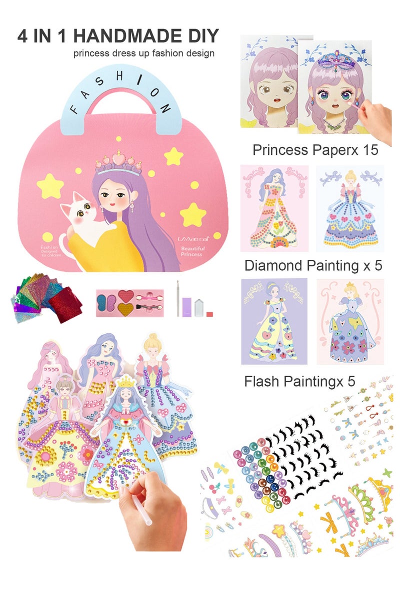 أورافلي مجموعة 4 في 1 من الورق لتزيين الملابس بنفسك، لعبة ملصقات للأطفال، مكياج ورقي، رسم ماسي للأميرة، ملصقات ممتعة من رقائق معدنية، هدية للفتيات من سن 3 و4 و5 و6 و7 و8 و9 سنوات فما فوق (وردي) - Image 1