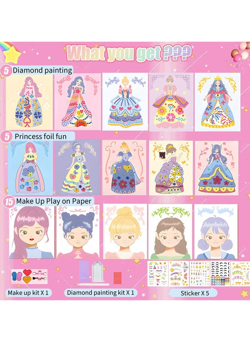 أورافلي مجموعة 4 في 1 من الورق لتزيين الملابس بنفسك، لعبة ملصقات للأطفال، مكياج ورقي، رسم ماسي للأميرة، ملصقات ممتعة من رقائق معدنية، هدية للفتيات من سن 3 و4 و5 و6 و7 و8 و9 سنوات فما فوق (وردي) - Image 2