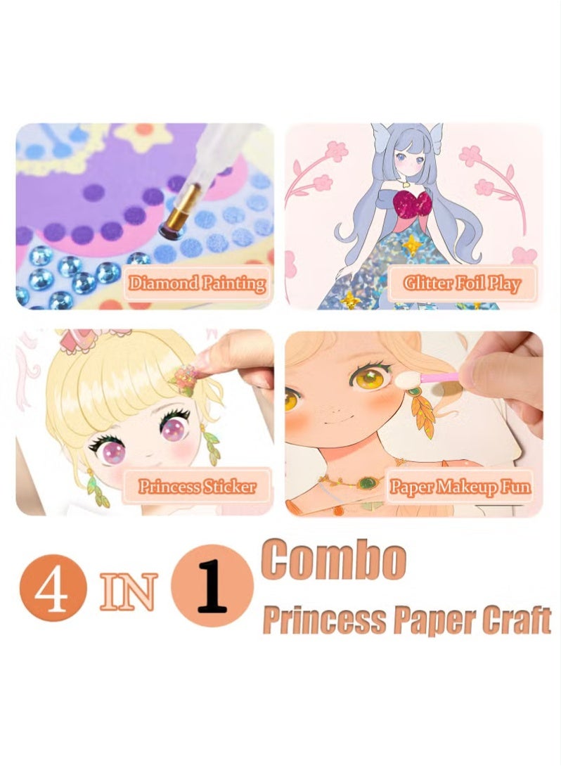 أورافلي مجموعة 4 في 1 من الورق لتزيين الملابس بنفسك، لعبة ملصقات للأطفال، مكياج ورقي، رسم ماسي للأميرة، ملصقات ممتعة من رقائق معدنية، هدية للفتيات من سن 3 و4 و5 و6 و7 و8 و9 سنوات فما فوق (وردي) - Image 4