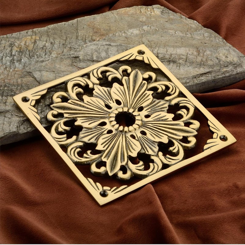 DEVDECOR , Antique Brass Floral Door Plate – 6 x 6” Ornate Openwork Decorative Hardware for Doors, Walls, or Cabinets - Image 1
